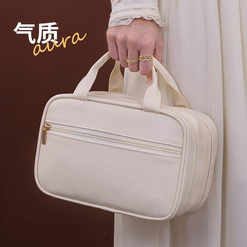 French double-layer hand-held makeup bag, large capacity, high-end makeup brush storage bag, travel portable, partitioned toiletries bag Specification drawing