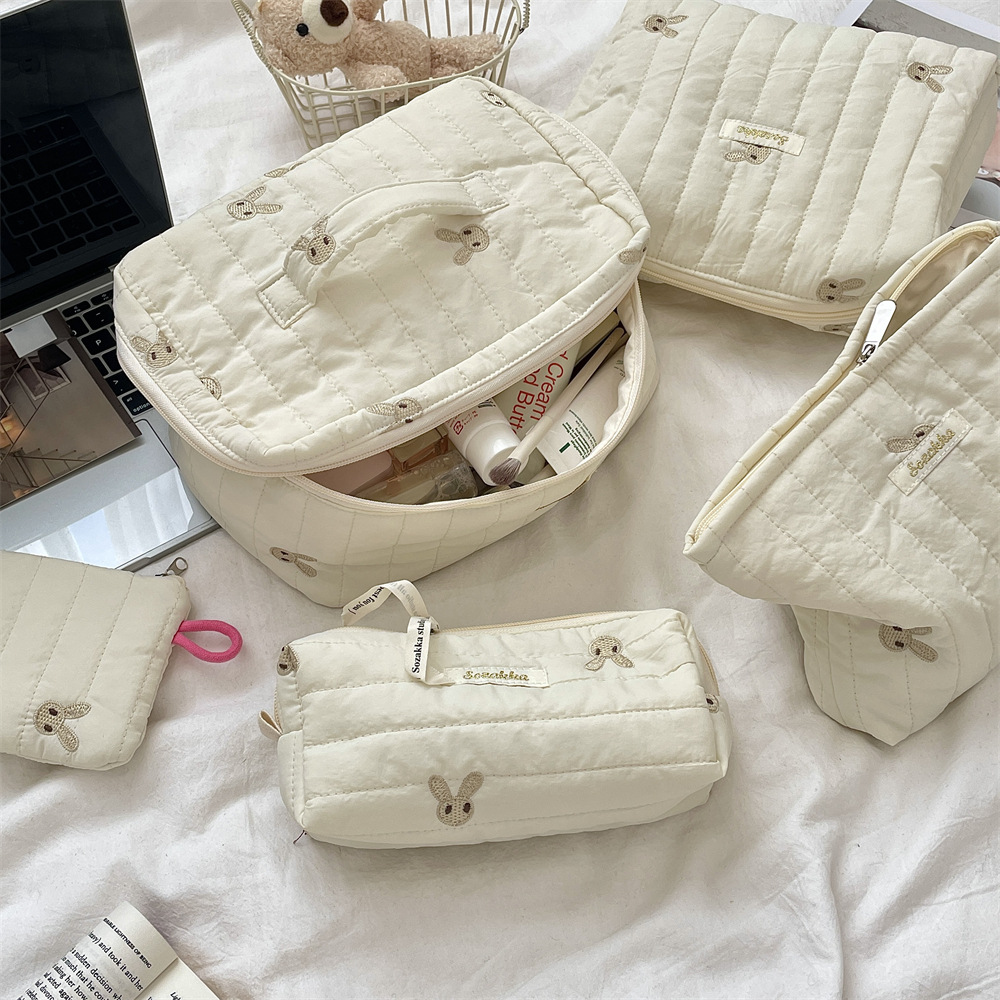 412222 Soft and cute embroidered little rabbit quilted soft storage bag, large capacity makeup bag, student stationery bag details Picture