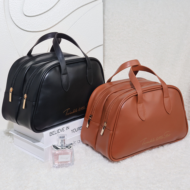 New travel PU leather large-capacity toiletry bag, double-layer makeup bag, waterproof, high appearance level portable fashionable handbag Specification drawing
