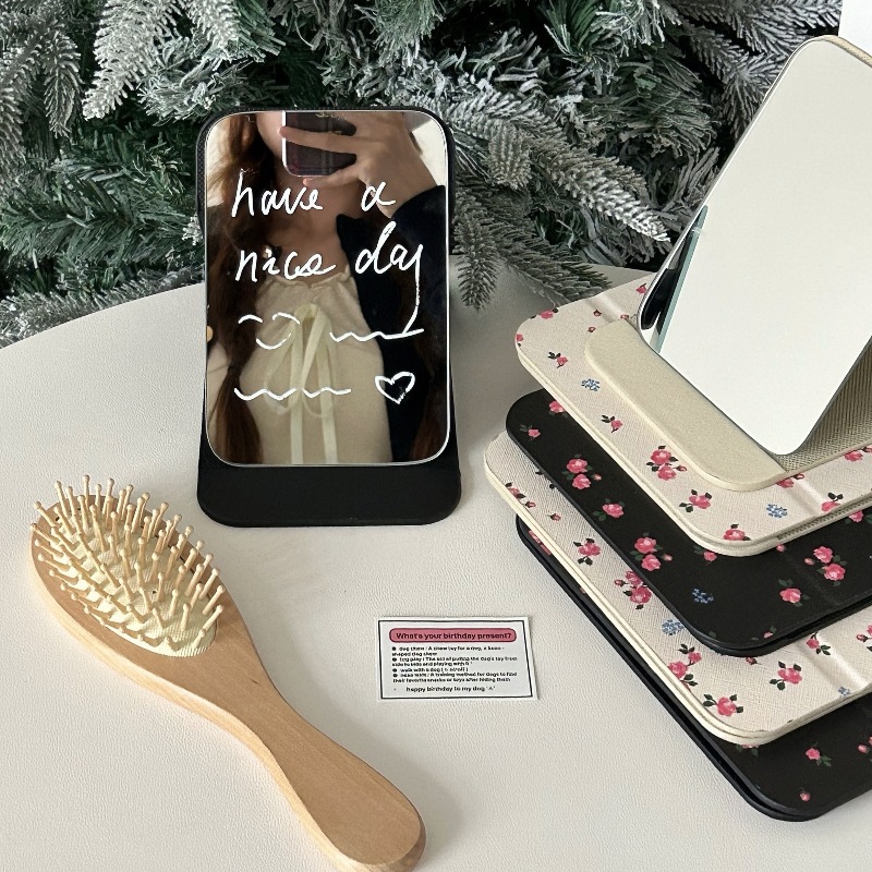 Girlish heart floral folding mirror, makeup mirror, portable for travel, student dormitory dressing table, standing small mirror details Picture