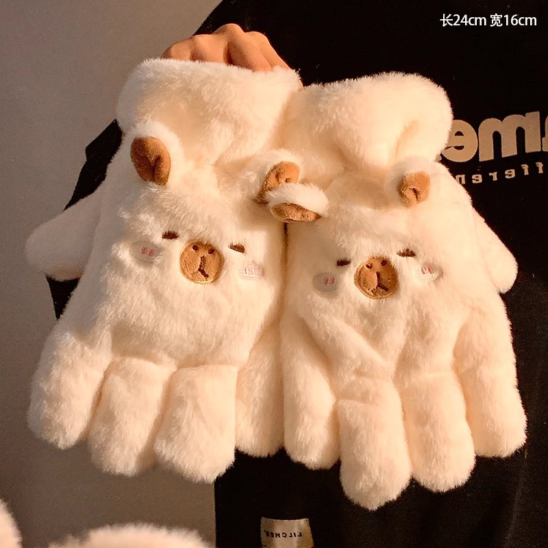 Cute Kapibala plush five-fingered gloves for girls to keep warm in winter, with thickened fleece, protect students from the cold and wind when riding bikes full figure