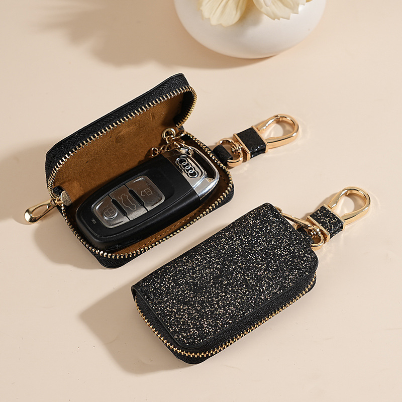 Cross-border car key case for both men and women, universal car key storage case, creative star shining leather pendant details Picture