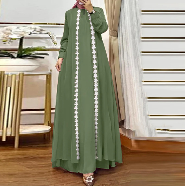 In-stock 2025 new style Middle Eastern Muslim fashion and elegance solid color loose long-sleeved lace cardigan robe dress pic 3