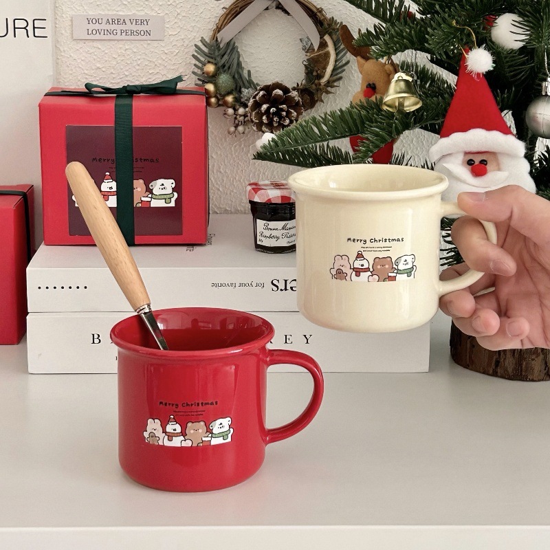 ins New Year and Christmas mugs, new cartoon bear ceramic cups, coffee cups, couple water cups, gift box set cups Specification drawing