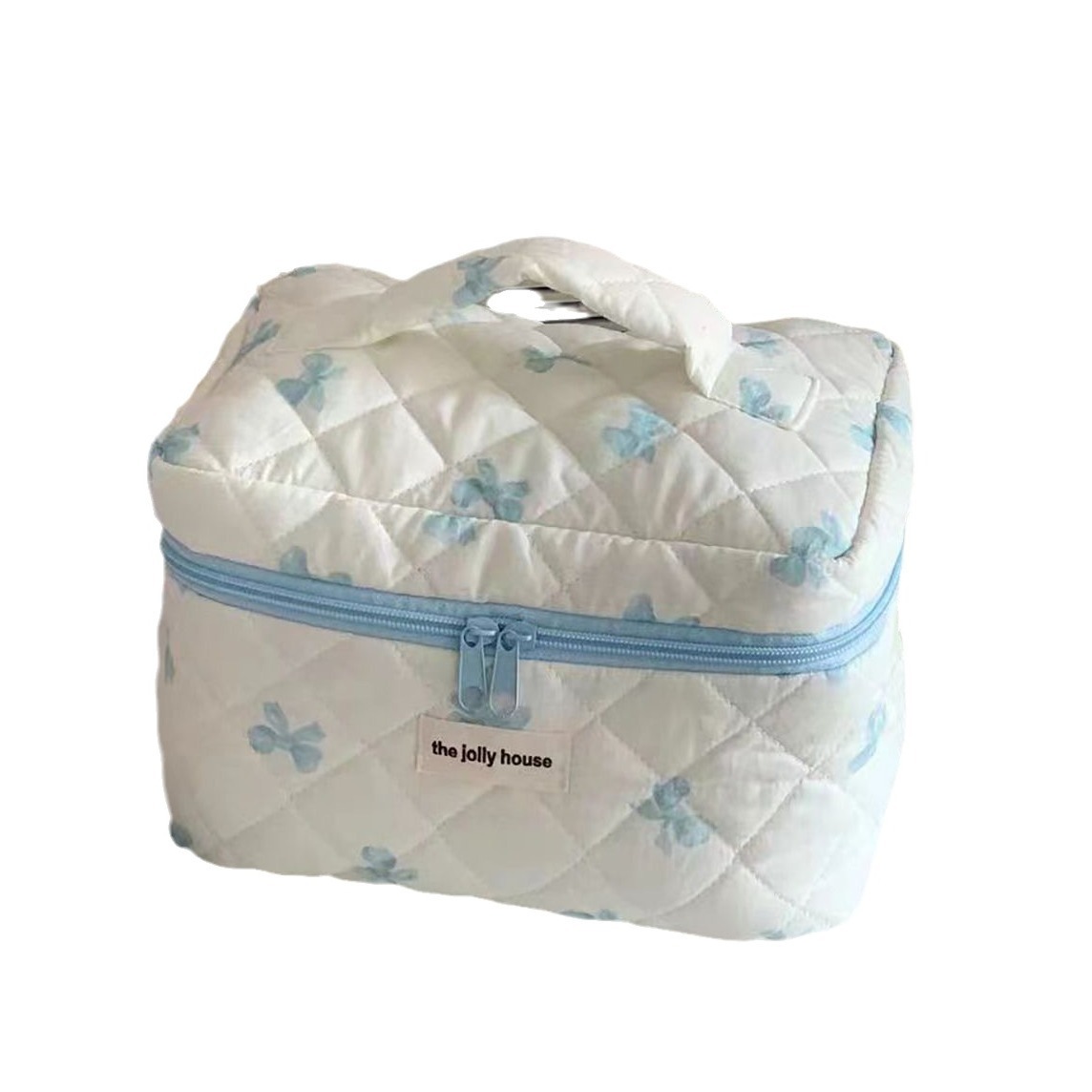 Quilted white background bow makeup bag, fresh and cute student portable storage bag, toiletry bag, large-capacity bag Item Picture
