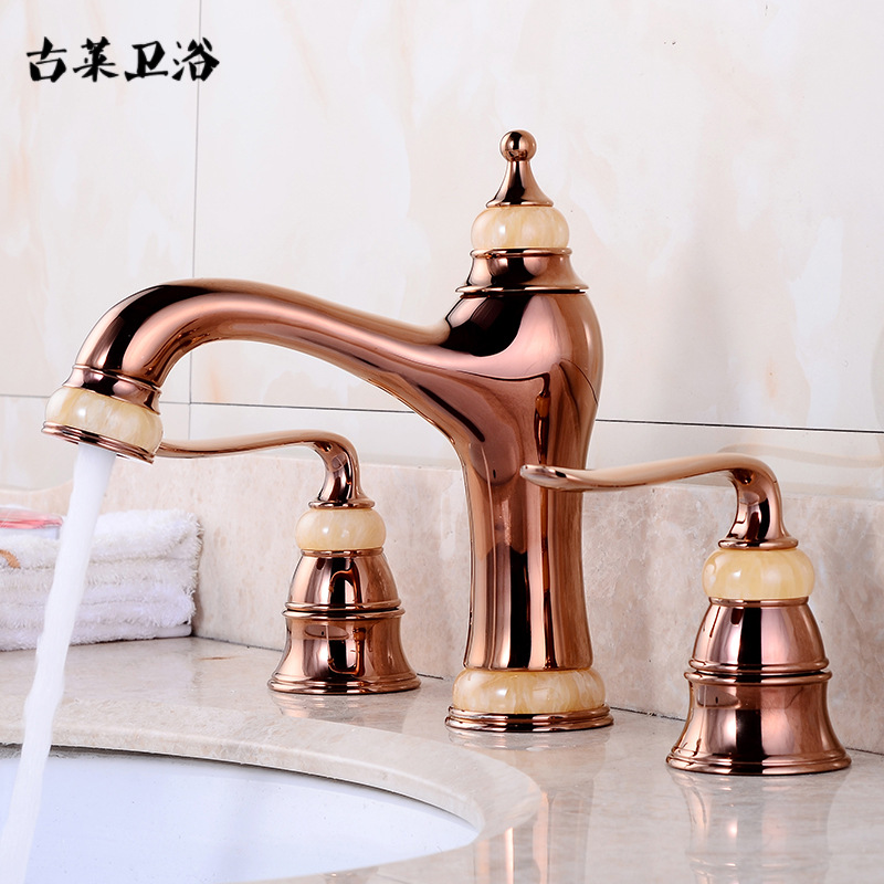 Gulai all-copper European-style three-hole washbasin faucet, jade gold washbasin, double-handle cold and hot water faucet, rose gold details Picture