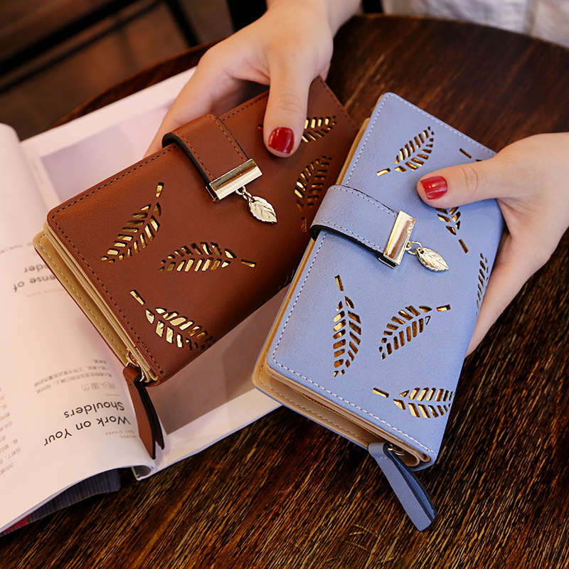 2018 New style women's wallet: Sweet and ladylike PU leather horizontal zipper women's mid-length hollowed-out leaf coin purse full figure