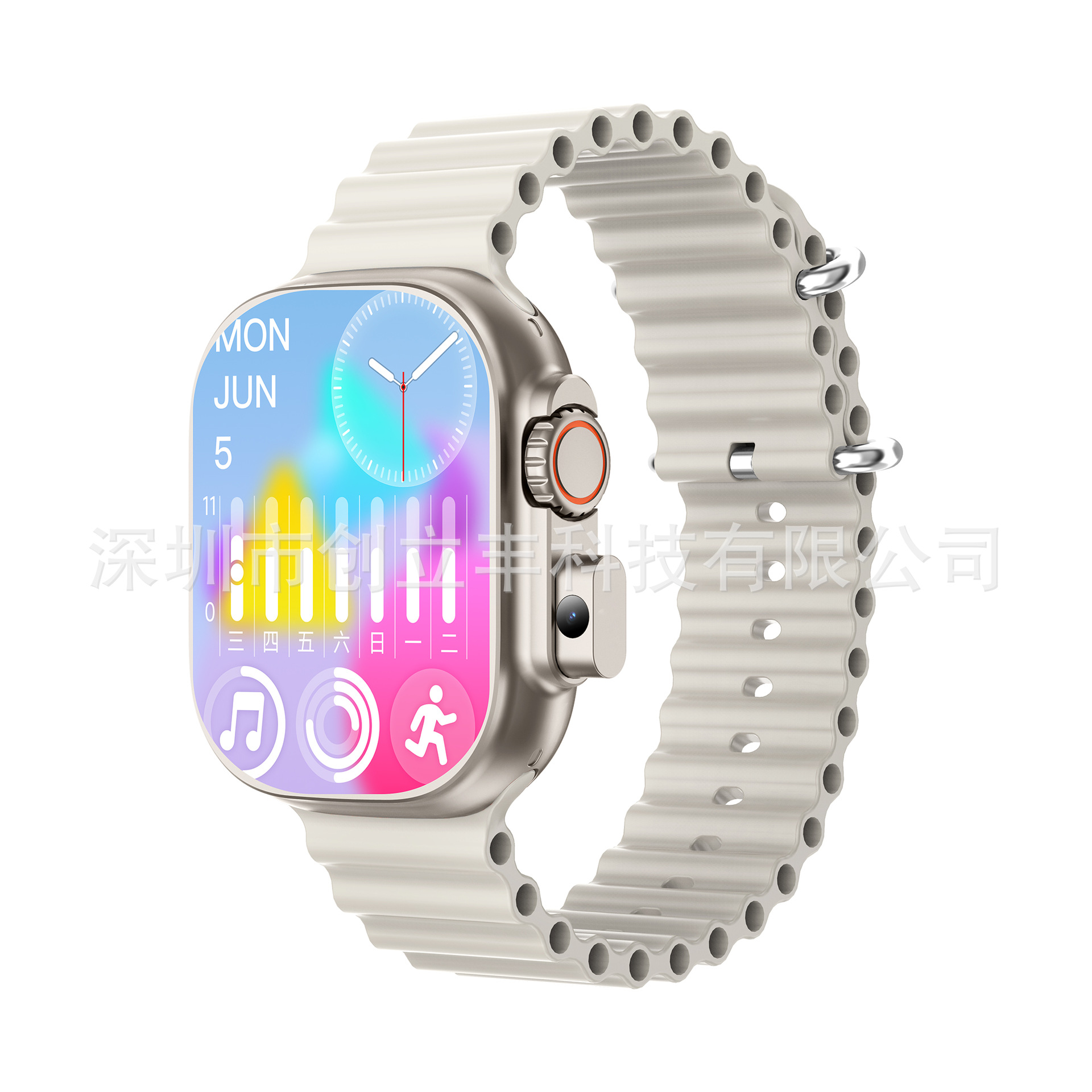 The BW9Pro smartwatch features a cellular card, a retractable camera for taking photos and recording videos, and full-network compatibility for step counting and audio recording Specification drawing