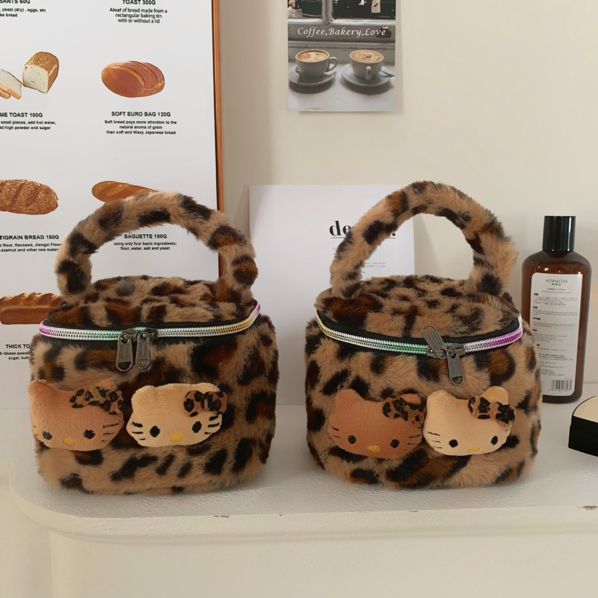 Cute leopard-print cat plush hand-held makeup bag, women's InS-style portable travel and travel skin care product storage bag Application Scenario