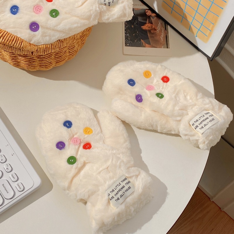 2024 Colorful button plush gloves for women's winter warmth, thick and fluffy gloves with fingers that can be worn around the neck Specification drawing