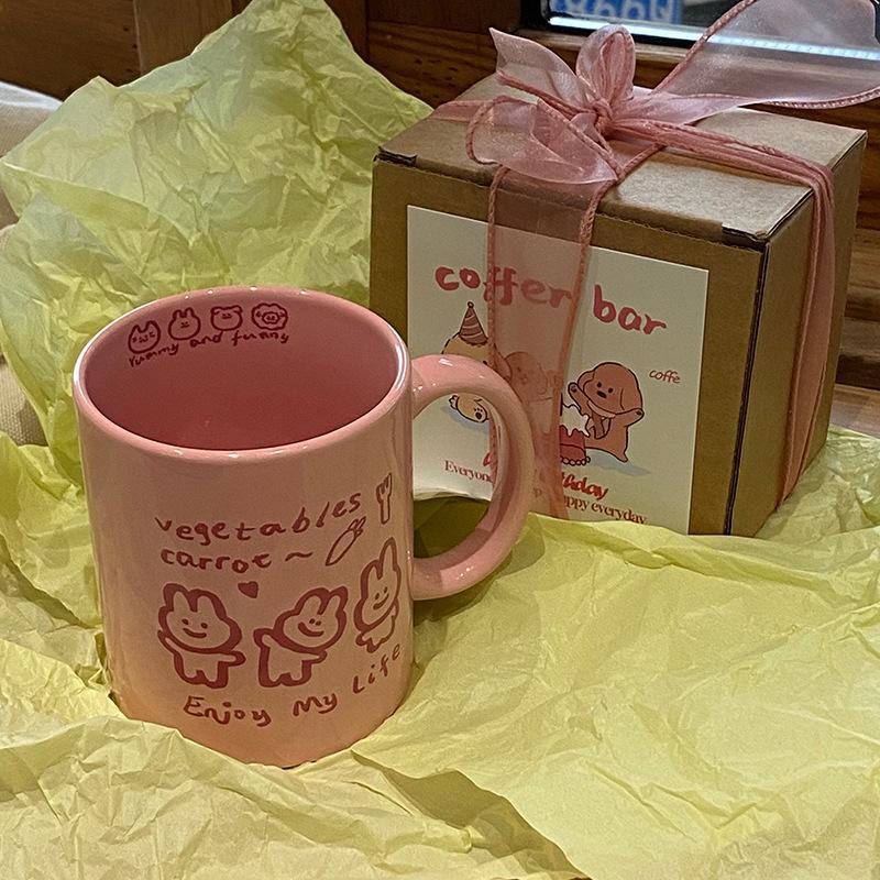 Pink skipping rope, rabbit, straight cup, mug, ceramic cup, household water cup, coffee, milk cup, girl heart gift box set details Picture