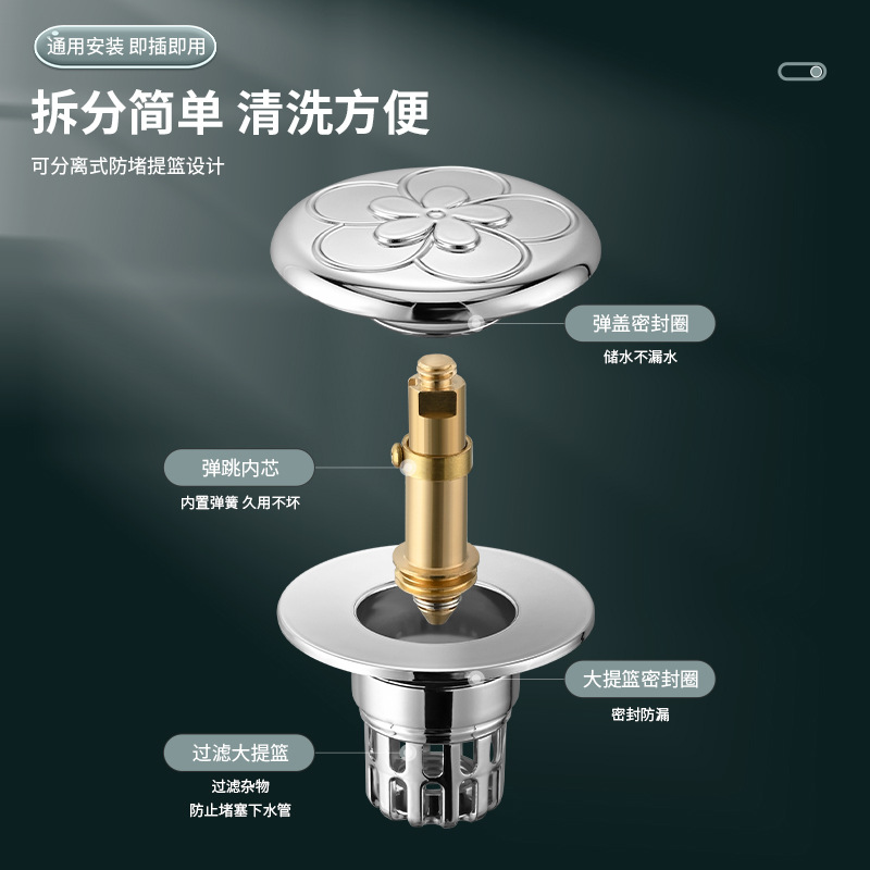Plum blossom large lid washbasin leakage plug, spring core drain, washbasin press-type anti-odor filter plug, universal Application Scenario