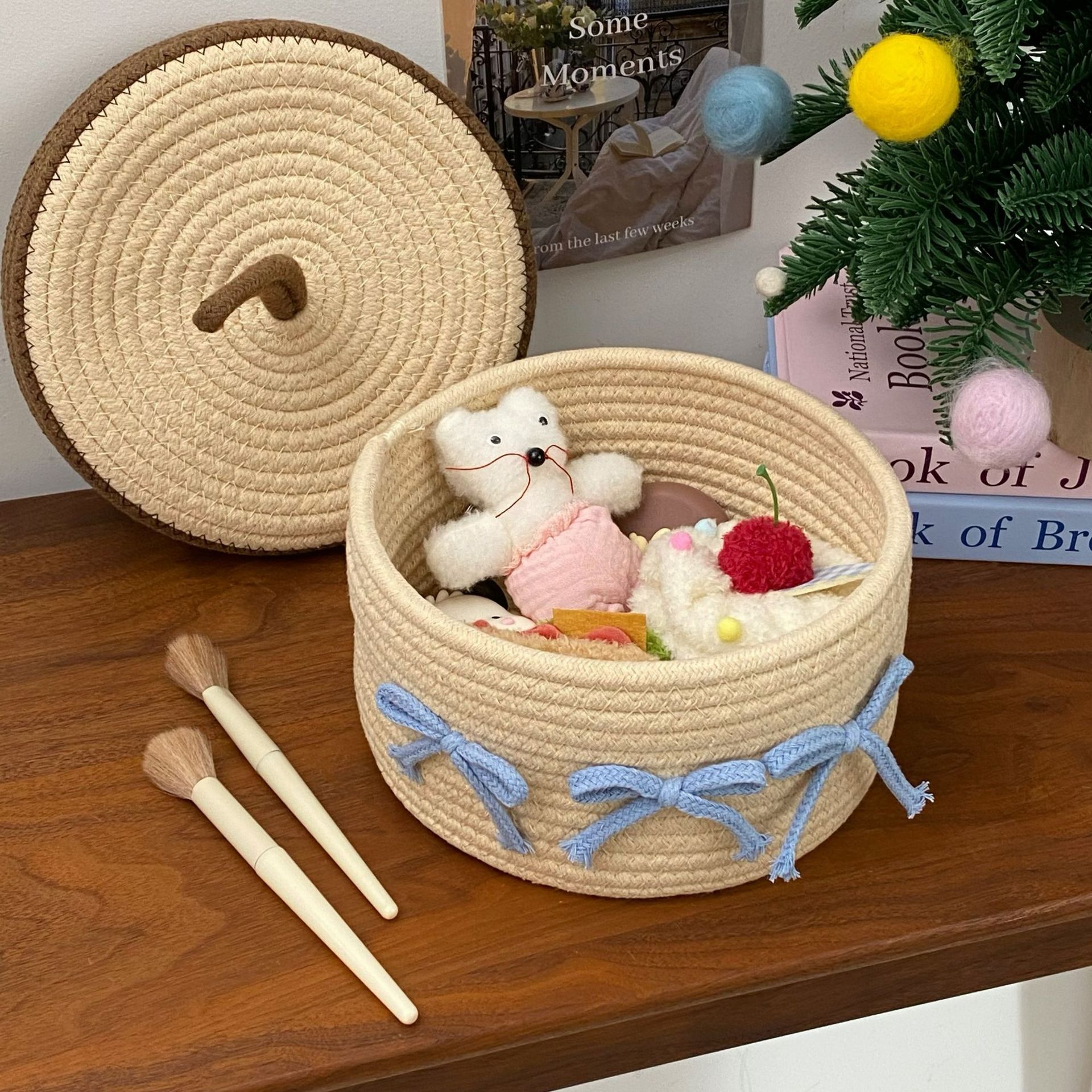 Cute cotton thread woven storage basket, home covered miscellaneous storage basket, desktop dust-proof decorative item storage basket, storage basket Specification drawing