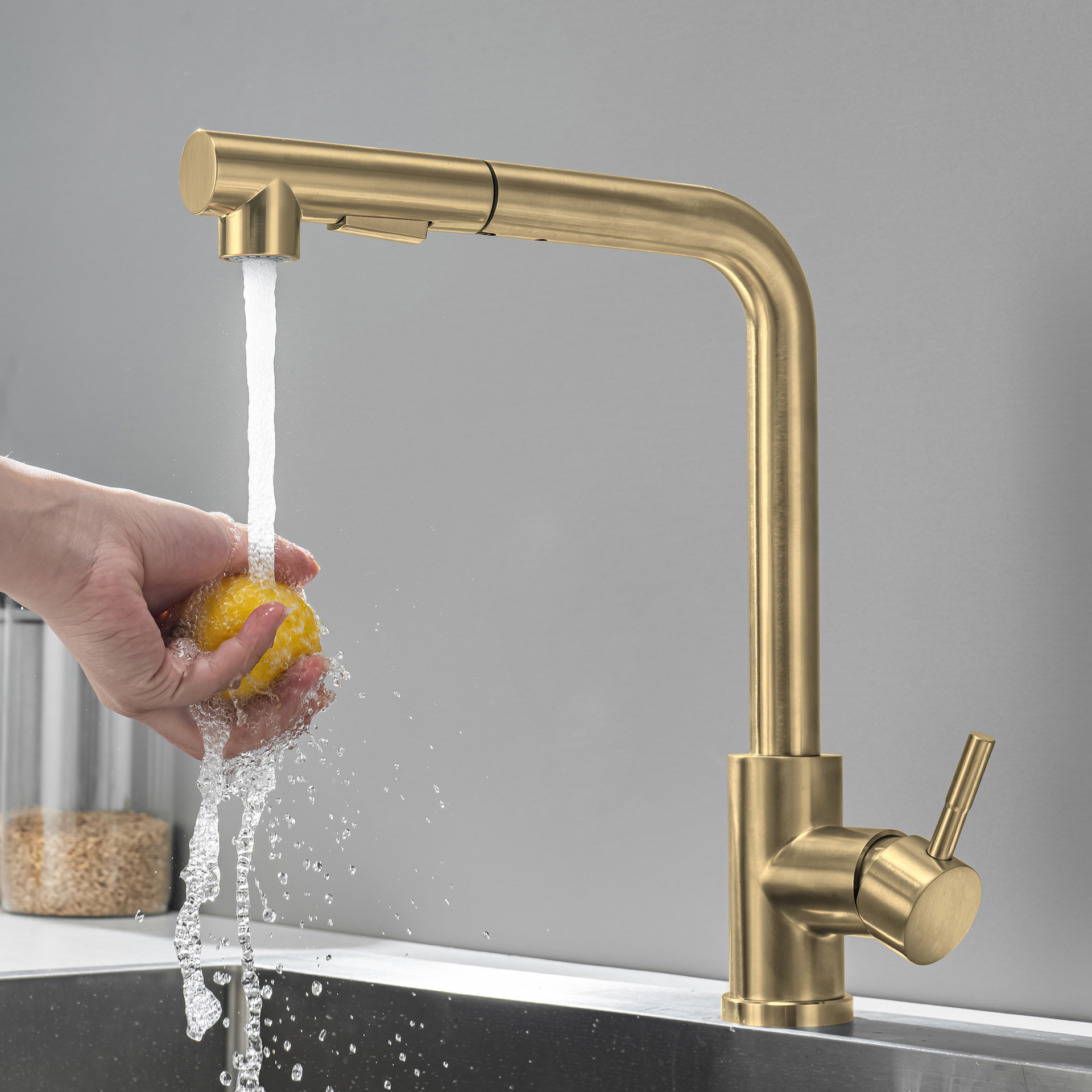 304 stainless steel kitchen pull-out faucet, seven-character brushed gold sink, sink, hot and cold water faucet full figure