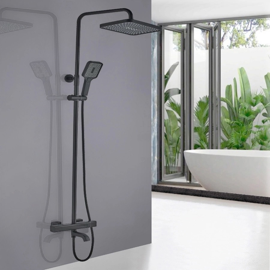 Black square constant-temperature three-speed shower head set for cross-border export of foreign trade, bath and shower lift set for hotels full figure