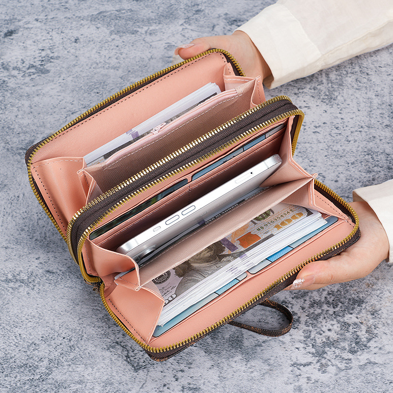 Women's long, large-capacity coin purse, double-zipper women's clutch, multi-functional mobile phone bag, loose change bag for women details Picture