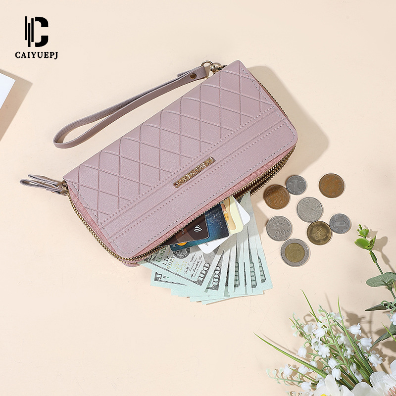 Wholesale of new women's wallets, long cross-border hand-held bags, card bags, solid color grid pattern cross-border zipper hand-held bags Specification drawing