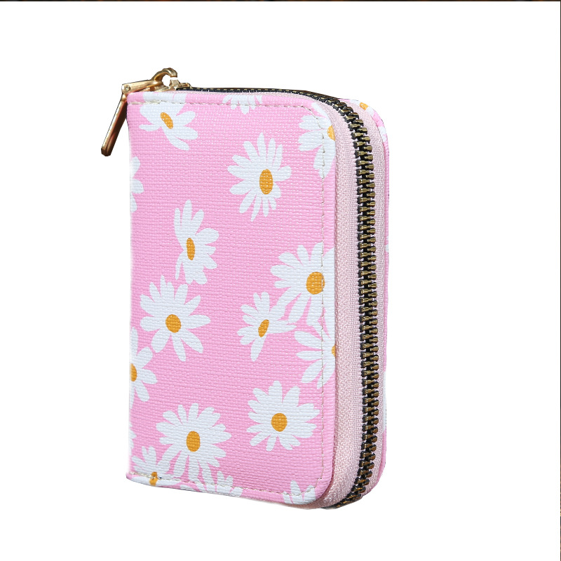 Factory direct sales women's new style small Daisy, fresh, fashionable and sweet accordion card bag with zipper printing and multiple slots Item Picture