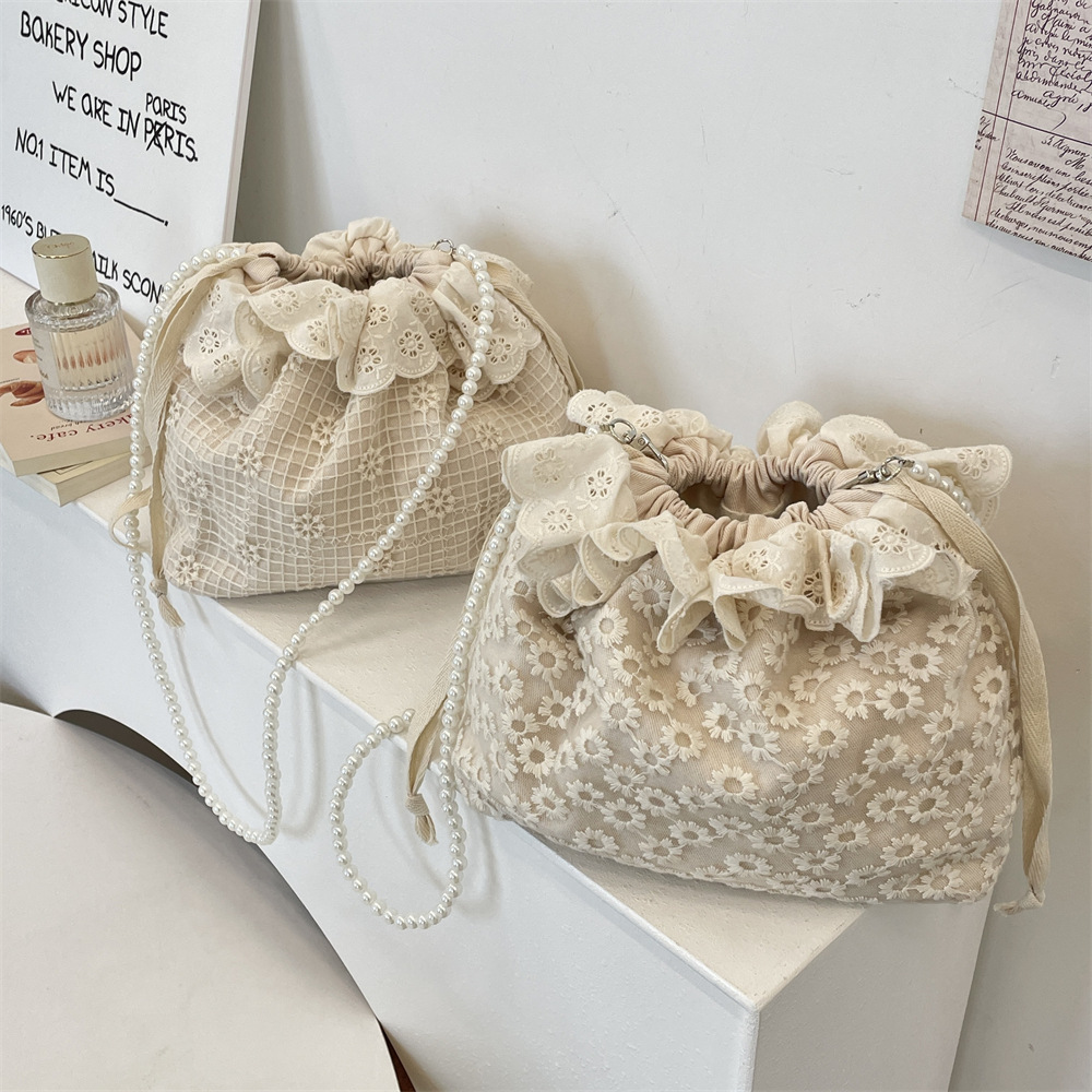 54201 New trendy and fashionable lace versatile drawstring bucket bag, single-shoulder crossbody bag, pearl strip women's small bag Specification drawing