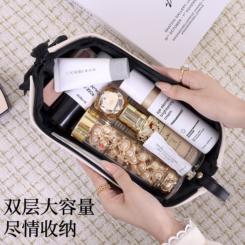 Cross-border new product: Minimalist steel support cosmetic bag, double-layer large-capacity travel portable, zoned and layered cosmetic storage bag Specification drawing