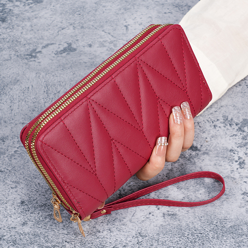 2024 New Double Lala Chain Korean version pu long coin purse with large capacity, women's multi-kara chain handheld phone case full figure