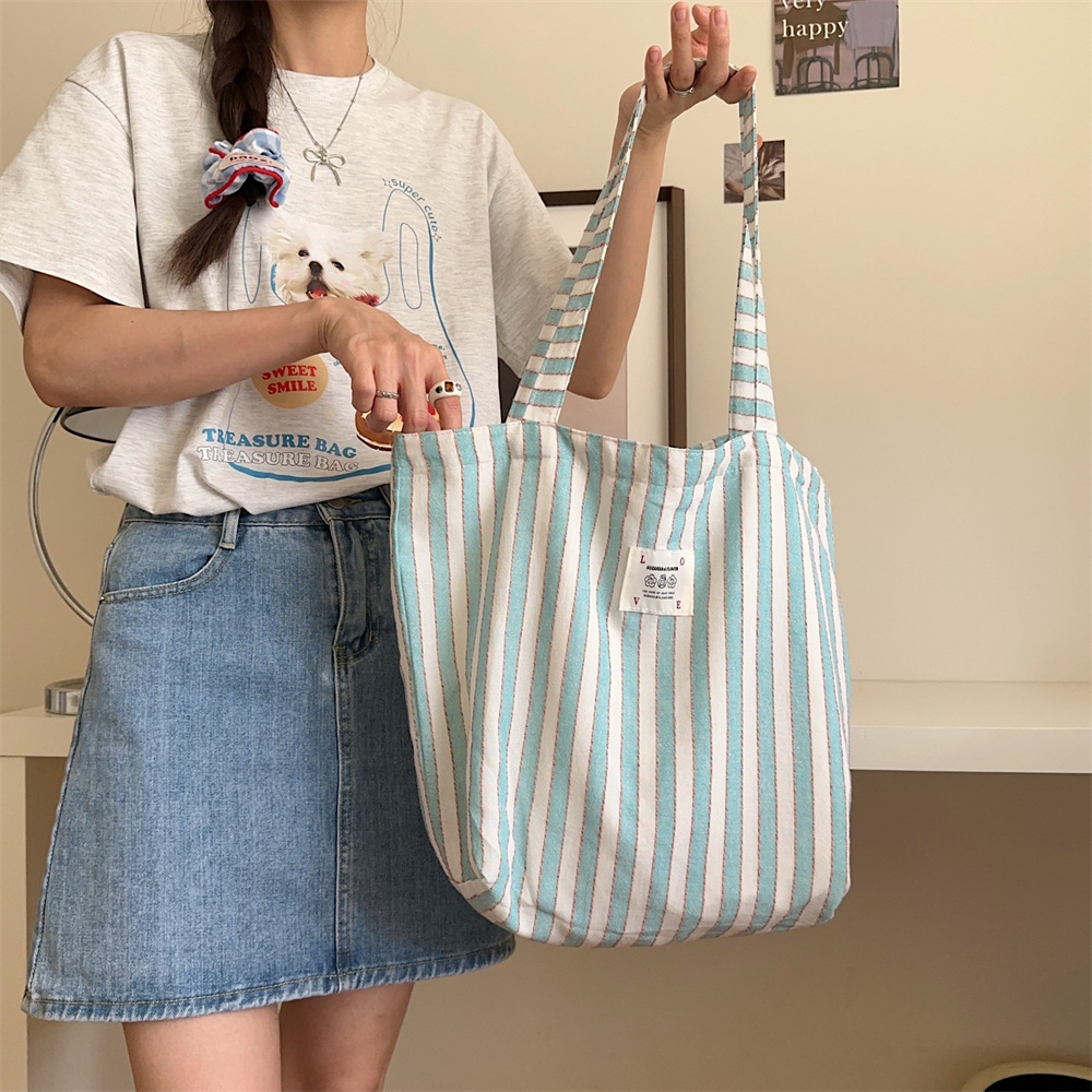 47261 Korean-style striped canvas bag, a simple, large-capacity and elegant single-shoulder bag for women to work and students full figure