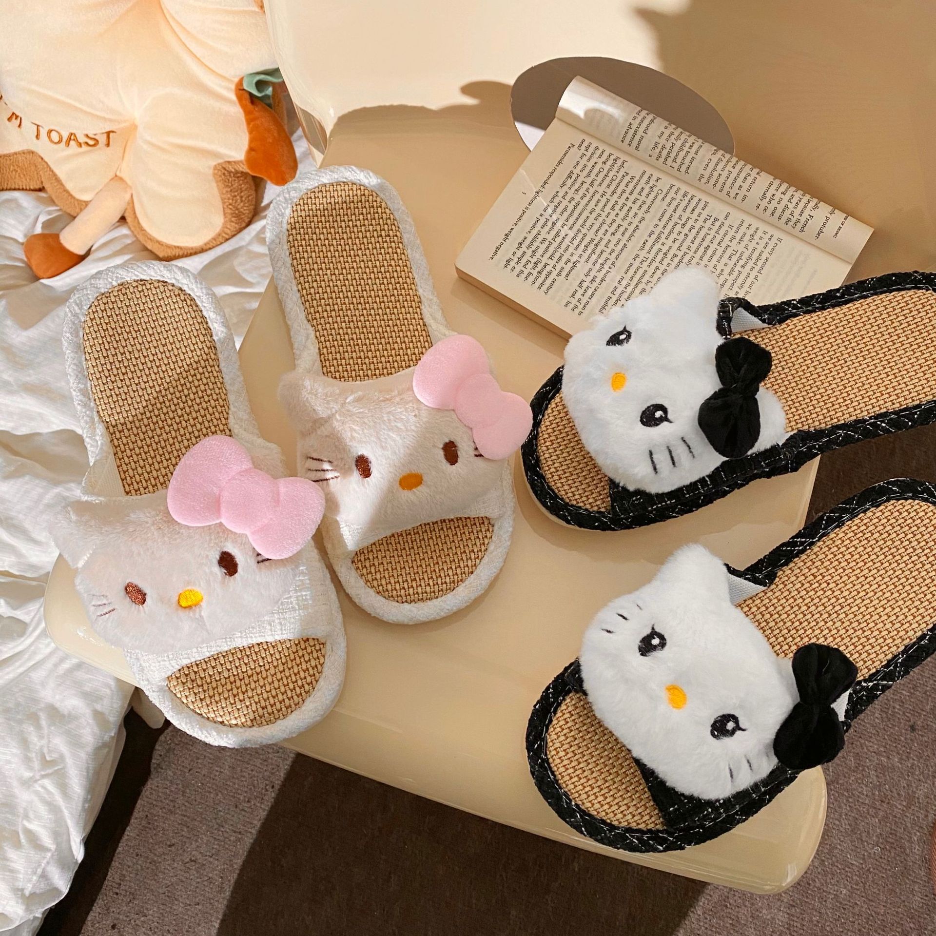 Cute cat-shaped linen slippers, women's fabric breathable indoor home anti-slip one-line slippers, lightweight flat cotton and linen slippers full figure