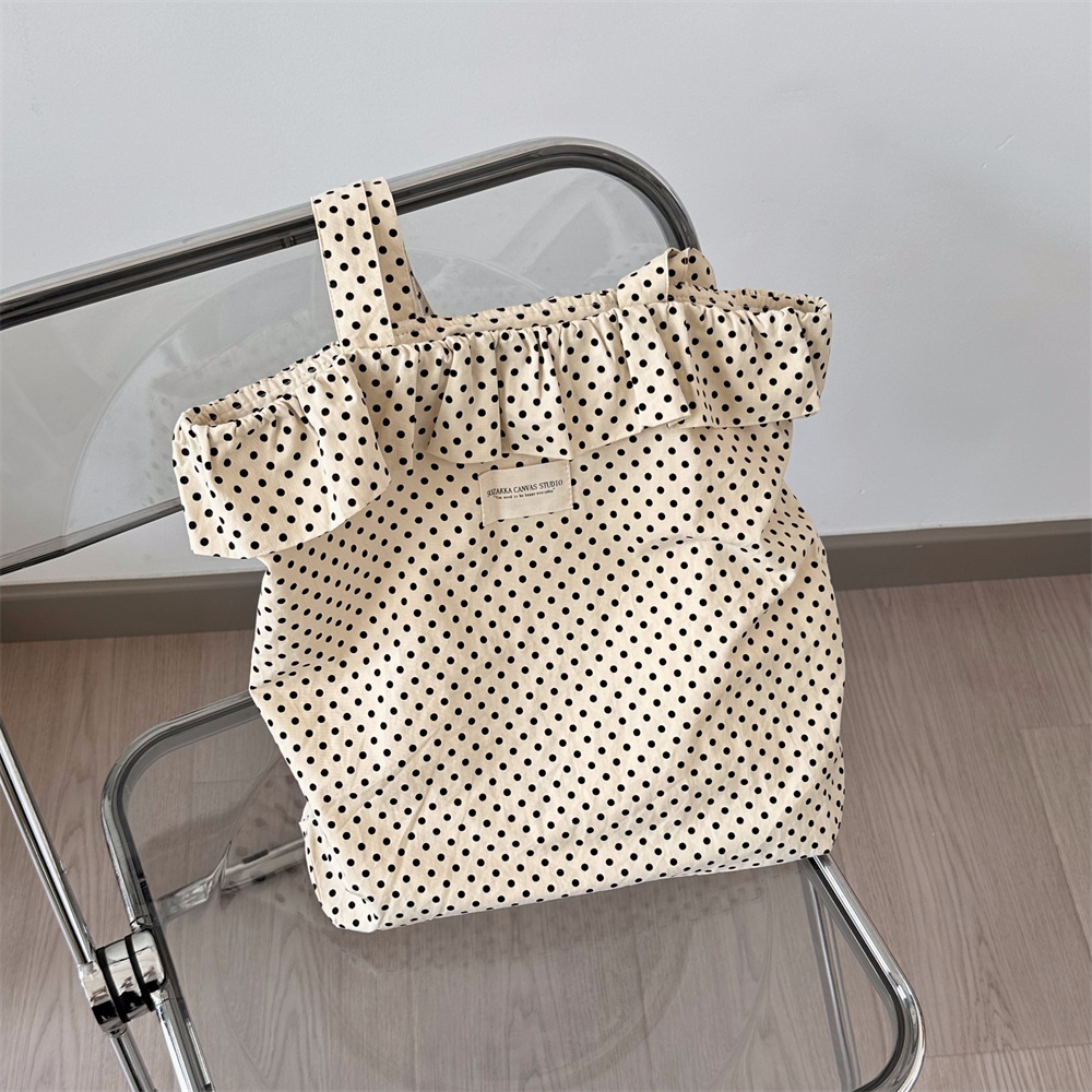 46191 Korean ins polka dot lace canvas bag, women's single-shoulder large-capacity tote bag, student commuting bag for class Specification drawing