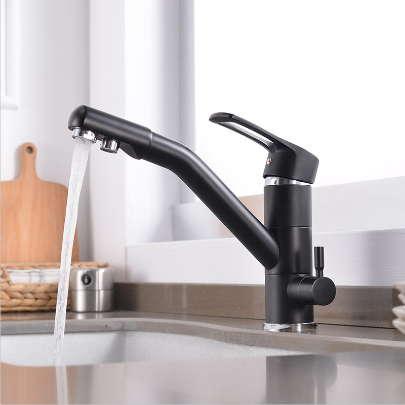 Factory direct supply of all-copper radish three-in-one kitchen cold and hot water mixing faucet, black pure water direct drinking faucet details Picture