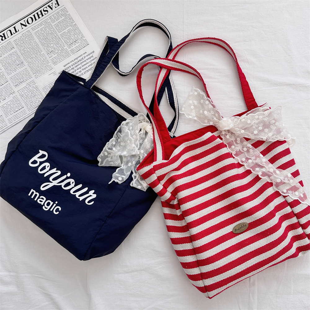 48302 High Appearance level Double-sided striped canvas bag 2024 New large-capacity casual commuting single-shoulder tote bag full figure