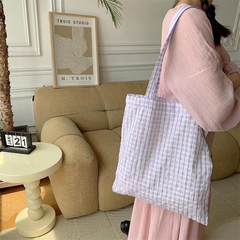 3693 Summer New Fairy Bag, yellow bubble checkered single-shoulder bag, Japanese-style fresh and light student cloth bag, thin style details Picture