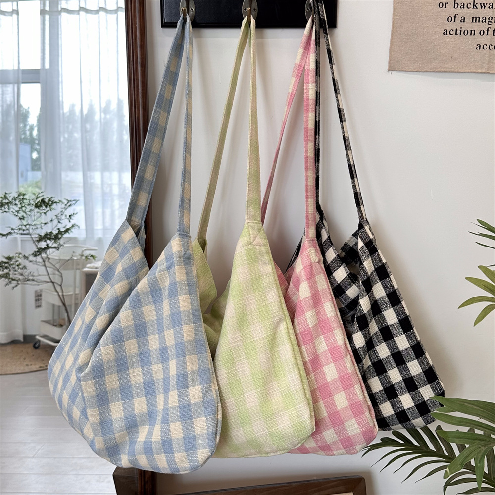 4481 New ins Korean underarm bag, cream blue checkered canvas bag, casual student single-shoulder crossbody bag full figure