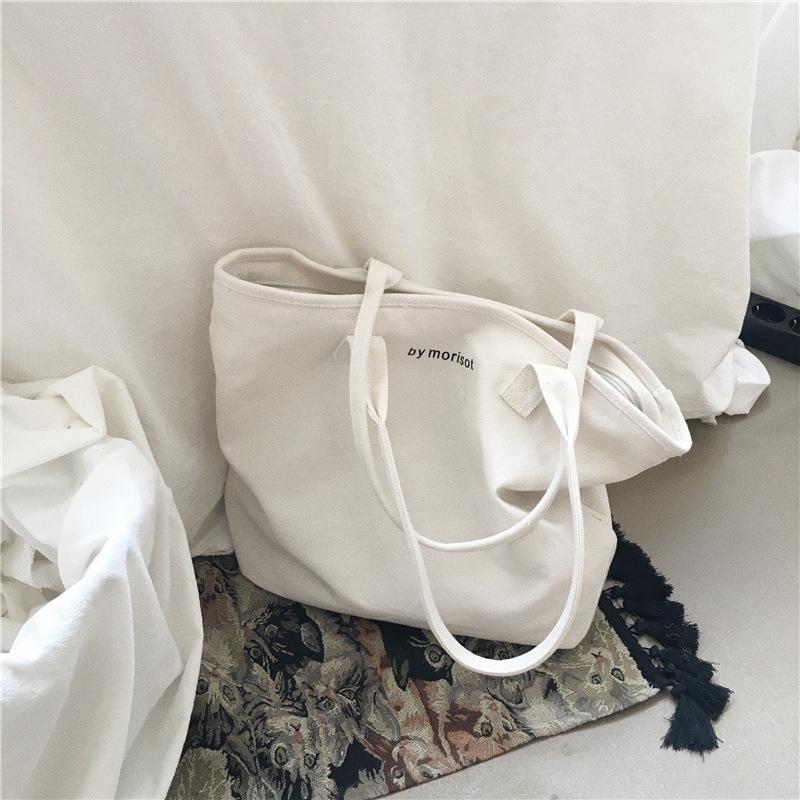 New Korean version versatile large-capacity letter zipper canvas large bag, minimalist style women's single-shoulder bag, casual tote bag full figure