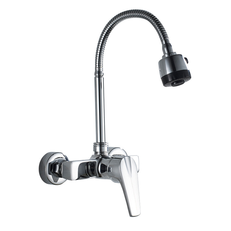 Wholesale 304 stainless steel wall-mounted single handle double hole 360-degree rotating hot and cold water sink faucet for kitchen Application Scenario