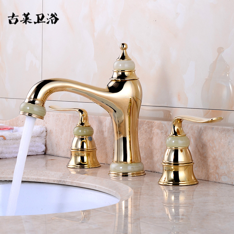 Gulai all-copper European-style three-hole washbasin faucet, jade gold washbasin, double-handle cold and hot water faucet, rose gold Item Picture