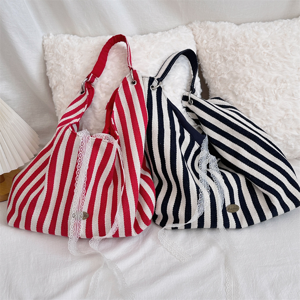 48302 New vertical striped fashionable large-capacity canvas bag, InS-style simple letter commuter hand-held shoulder bag full figure
