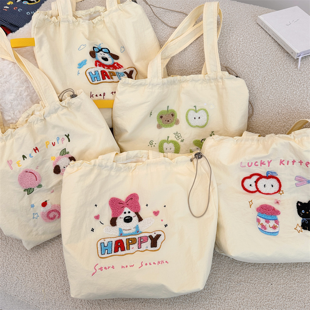 4931 ins Cute Puppy embroidered single-shoulder bag, large capacity casual and versatile, portable drawstring large capacity tote bag details Picture