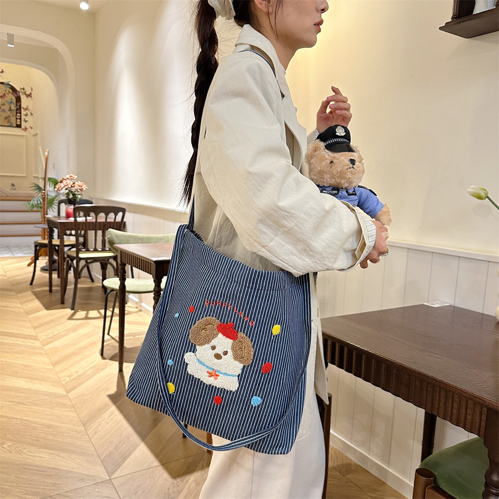 49251 Korean-style artistic and cute puppy cartoon embroidered striped canvas bag for students, single-shoulder crossbody bag for girls details Picture