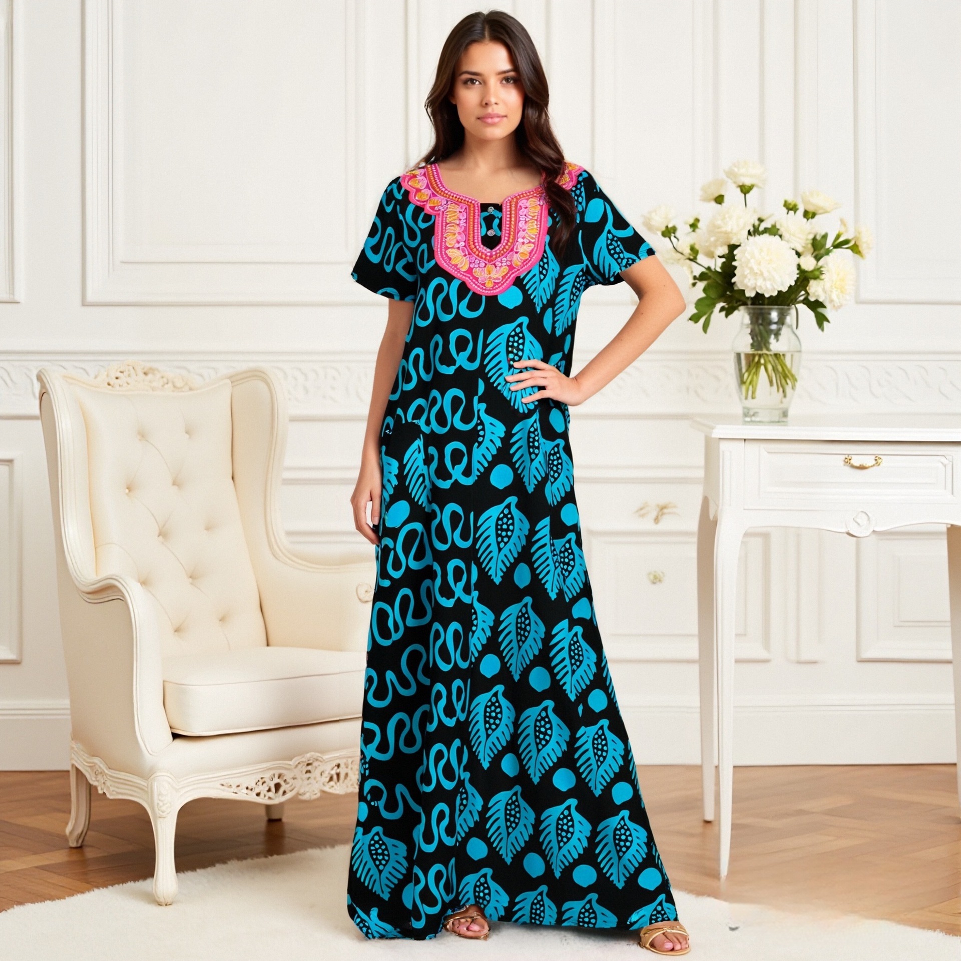 Hot-selling large, loose, ethnic-style robes with round collars and shawls in the Middle East, African fashion printed large robes, Arab robes, women's long robes with hats, Muslim style