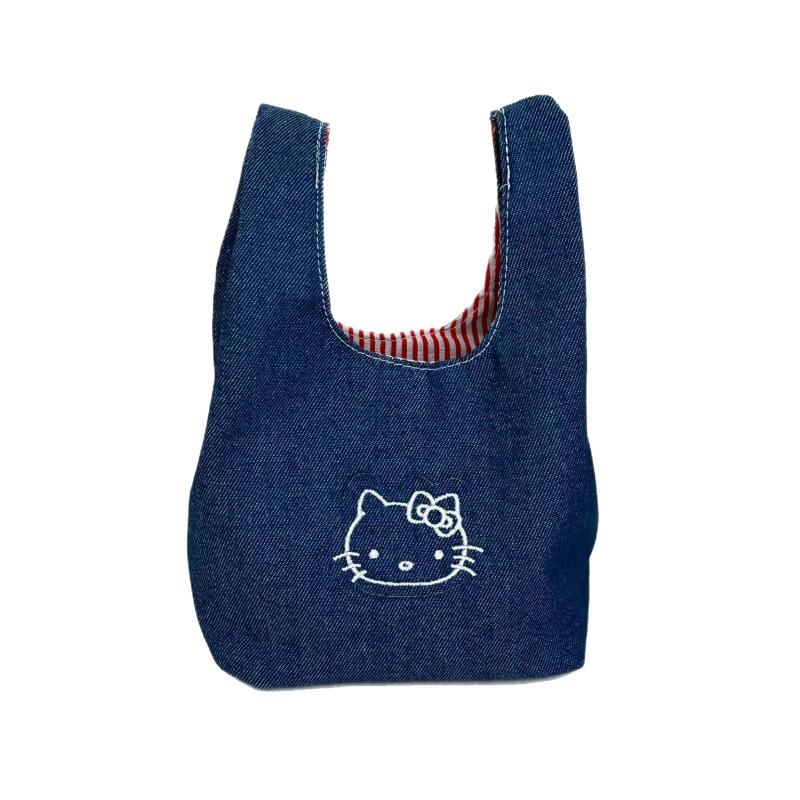 New cat-shaped denim wrist bag, cute embroidered handbag, portable large-capacity hand-held cosmetic storage bag Item Picture