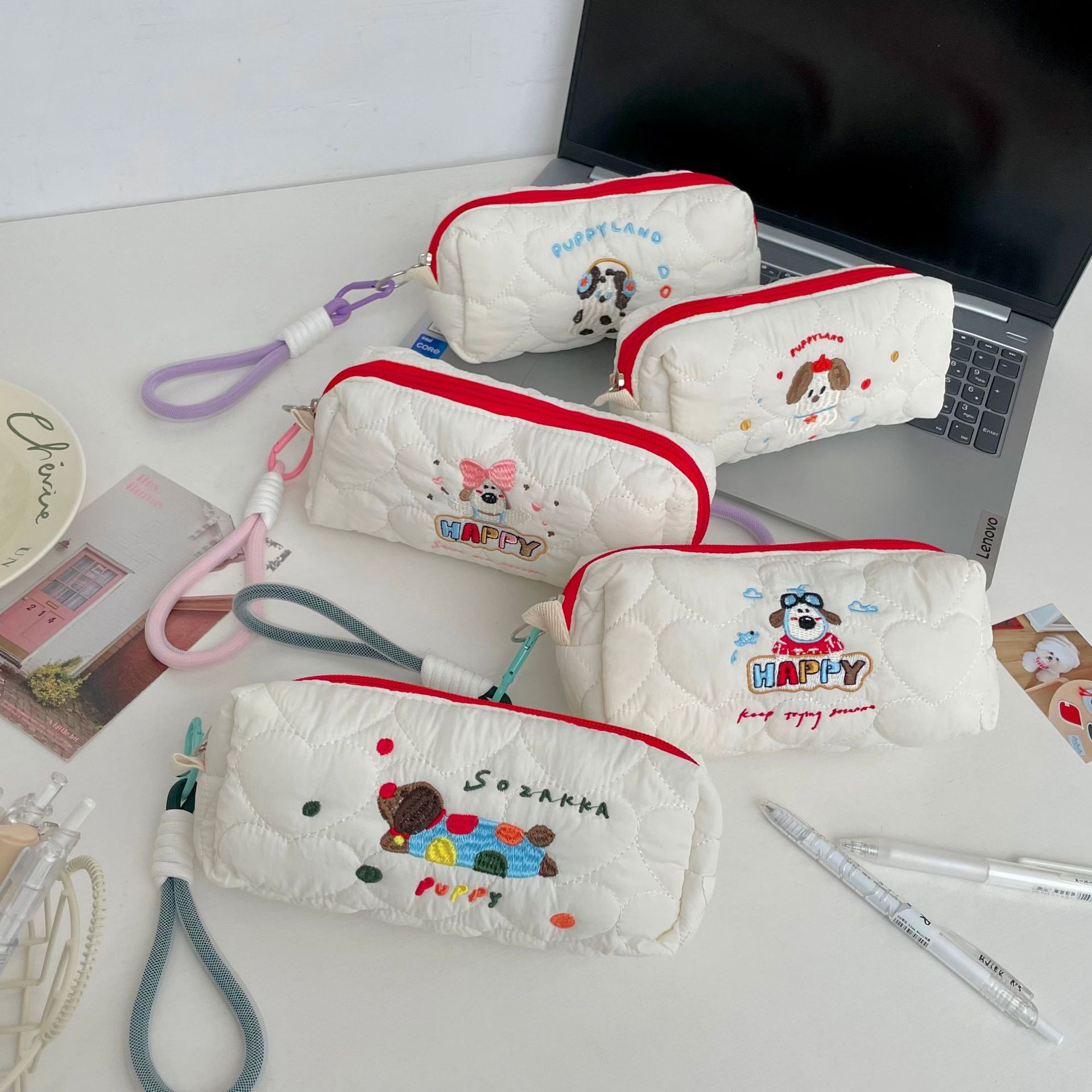 Cartoon embroidered puppy pen case, in an ins style with a high-end feel, large-capacity stationery box and miscellaneous storage bag for middle and high school students details Picture