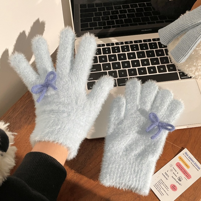 Winter gloves with bow, super warm gloves for women, thickened plush warm gloves, knitted full figure