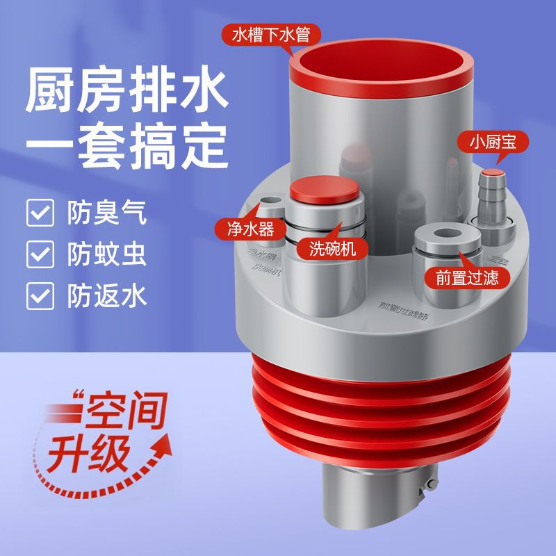 Kitchen sink, washbasin, small kitchen water heater, anti-odor, anti-clogging, sealing plug, floor leakage, drainage pipe, three-end pass full figure