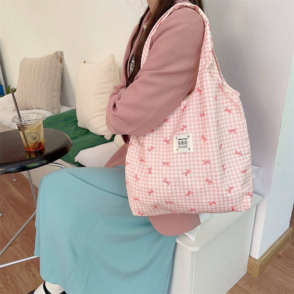 44301 large-capacity simple printed bow canvas bag, single-shoulder bag, open women's shopping bag for shopping, vest bag full figure