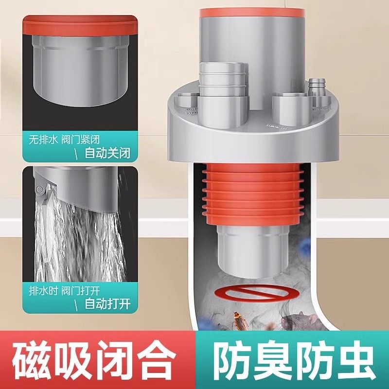 Kitchen sink, washbasin, small kitchen water heater, anti-odor, anti-clogging, sealing plug, floor leakage, drainage pipe, three-end pass details Picture