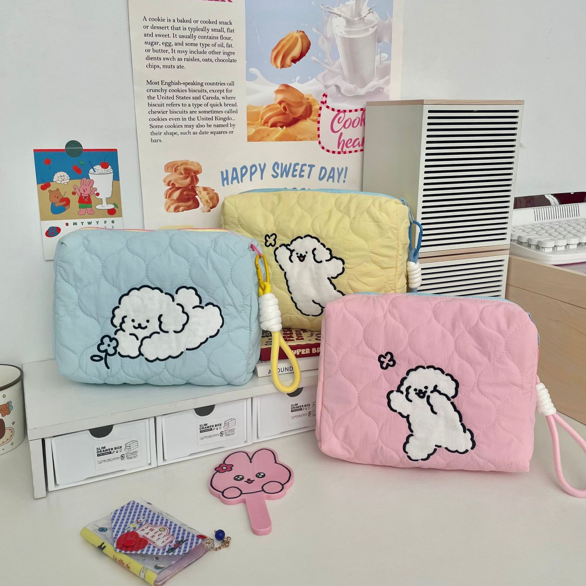 Cartoon line puppy makeup bag, women's portable large-capacity hand-carry toiletry bag, cosmetics storage bag Specification drawing
