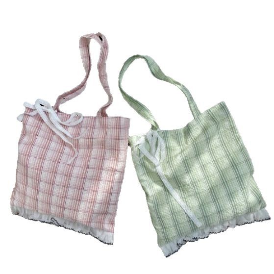 53173 New Niche Girls' lace bow checkered single-shoulder bag, large-capacity commuter tote bag for women Item Picture