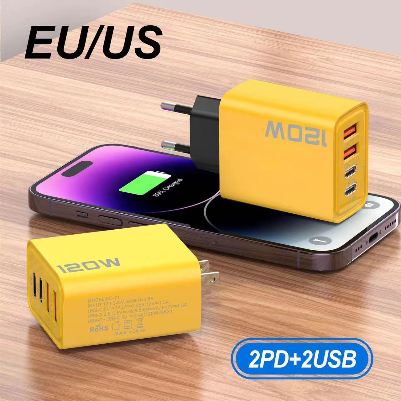 Cross-border 120W fast charging head, dual USB+ dual PD, multi-port US, European and British standard fast charging head mobile phone charger Application Scenario