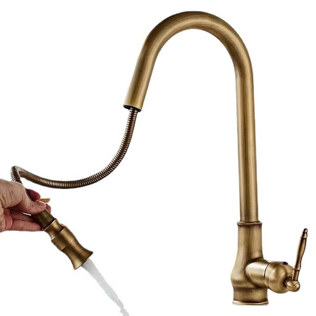 Copper retro European-style pull-out faucet, antique brushed gold sink, pull-out kitchen hot and cold water faucet Item Picture
