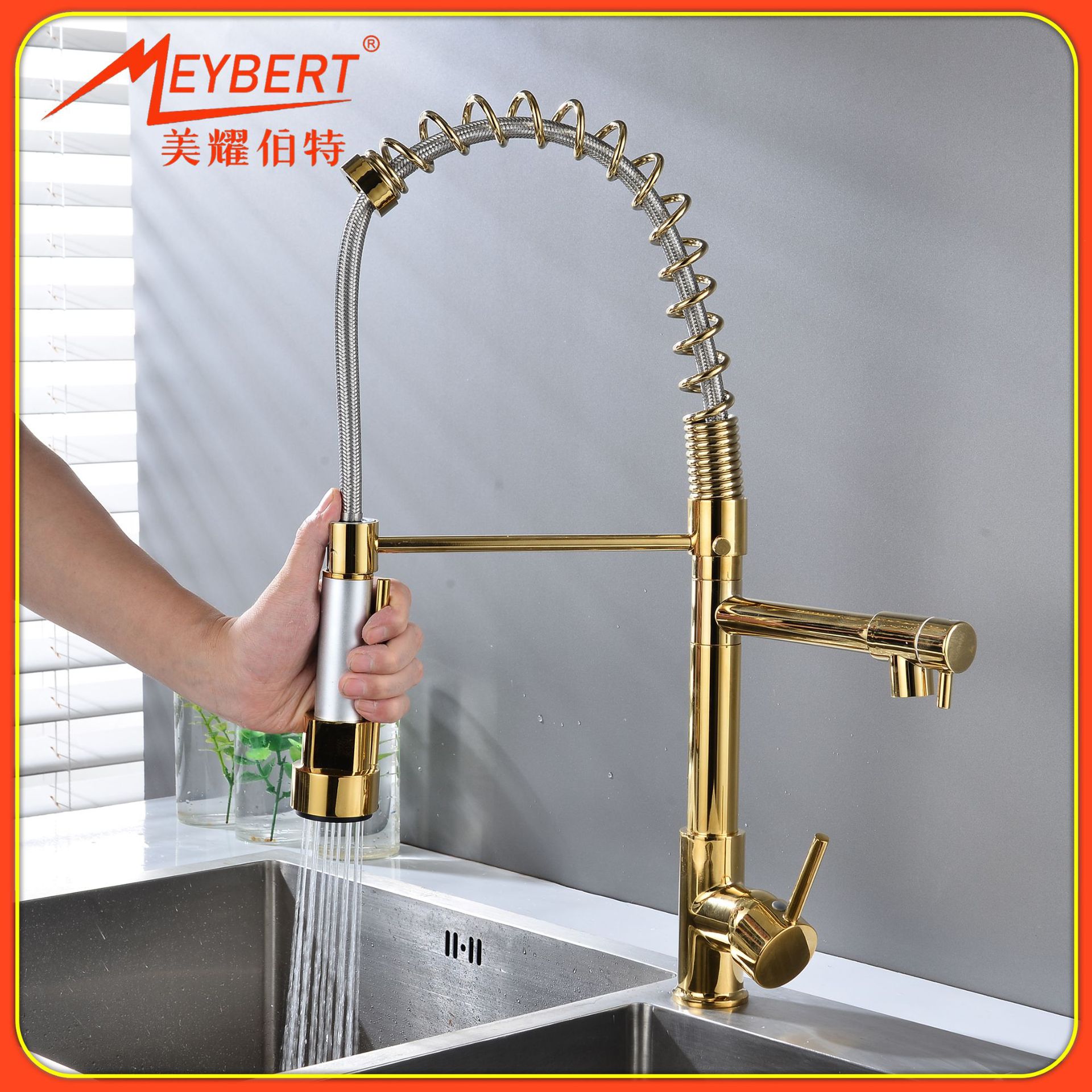 Cross-border spring pull-out kitchen faucet, hot and cold sink, dishwashing and vegetable basin, rotatable dual water outlet anti-splash faucet full figure